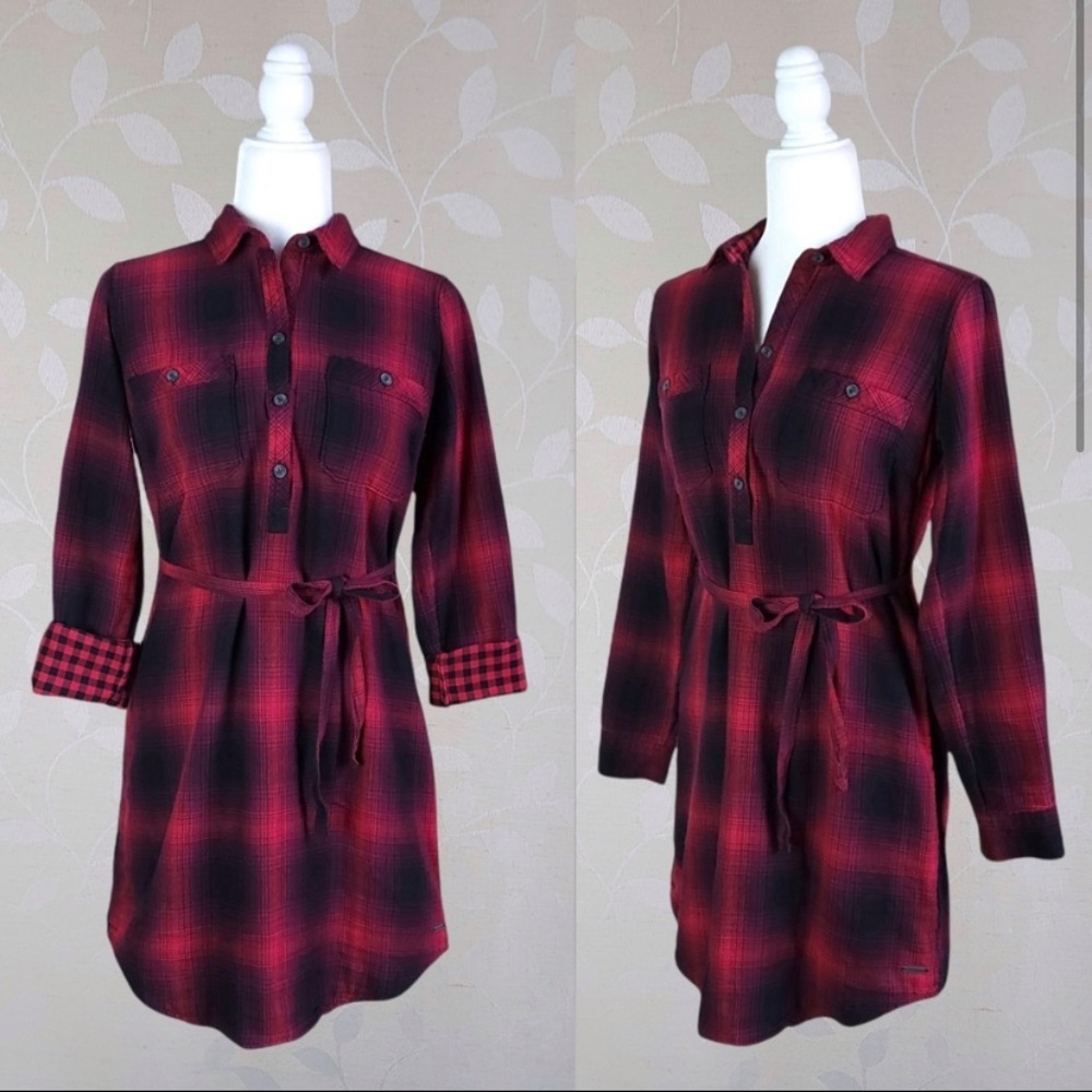 EDDIE BAUER Double Plaid Flannel Popover Tunic Dress Red Purple Black 6